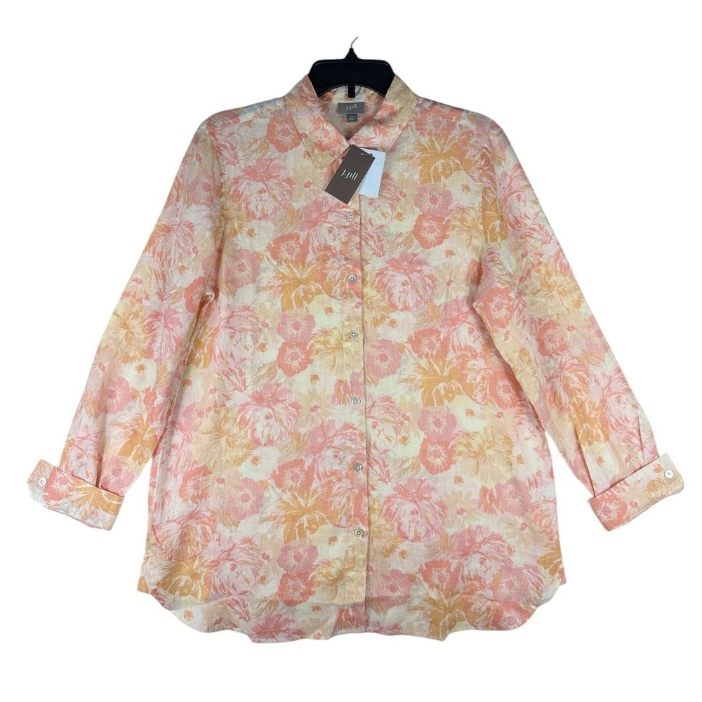 J Jill Pure Jill 100% Linen Shirt Small Tall Floral Button Front Long Sleeve NWT